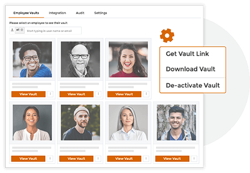 User interface showing employee vaults with profile photos, search bar, and orange buttons labeled 'View Vault.' A settings gear icon displays options: Get Vault Link, Download Vault, De-activate Vault.