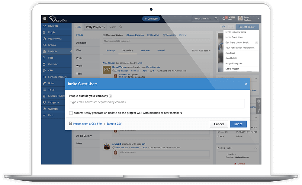 Laptop screen showing a project management interface with a popup titled 'Invite Guest Users' to enter email addresses and invite external collaborators.
