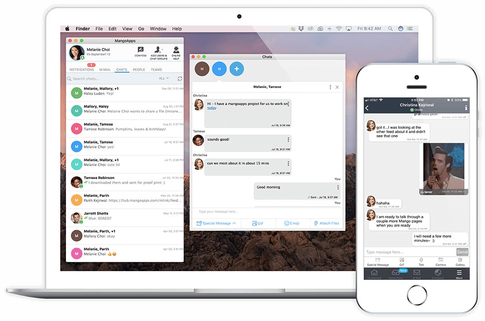 Laptop and smartphone showing MangoApps chat interface with multiple conversations and message threads.