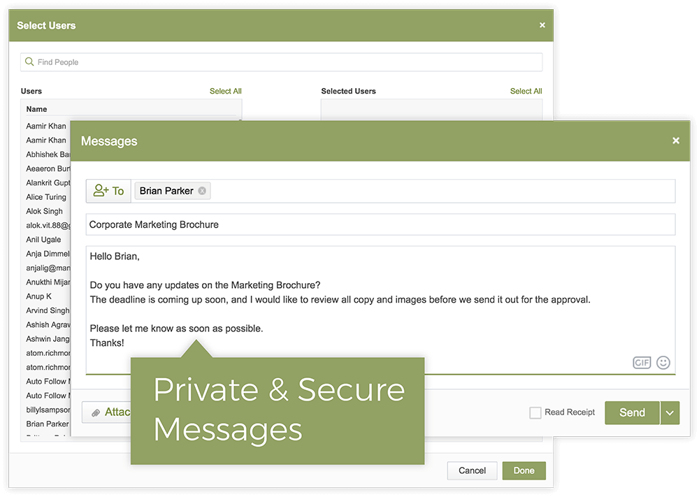 User interface showing a private messaging system with a message drafted to Brian Parker about a marketing brochure, featuring options to attach files, read receipt, and send the message.