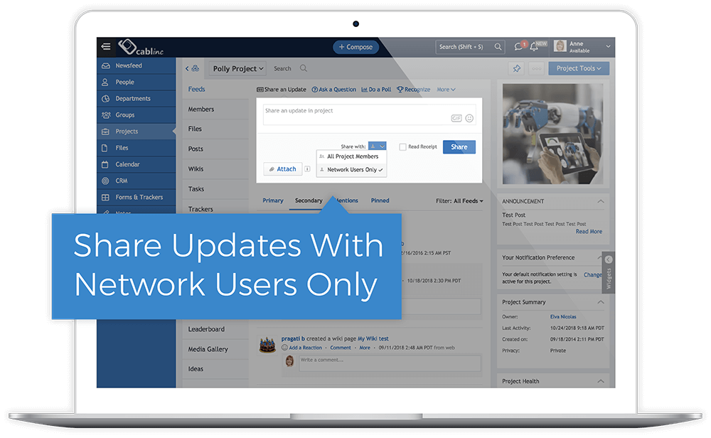 Laptop screen showing a project management interface with a highlighted message saying 'Share Updates With Network Users Only'.