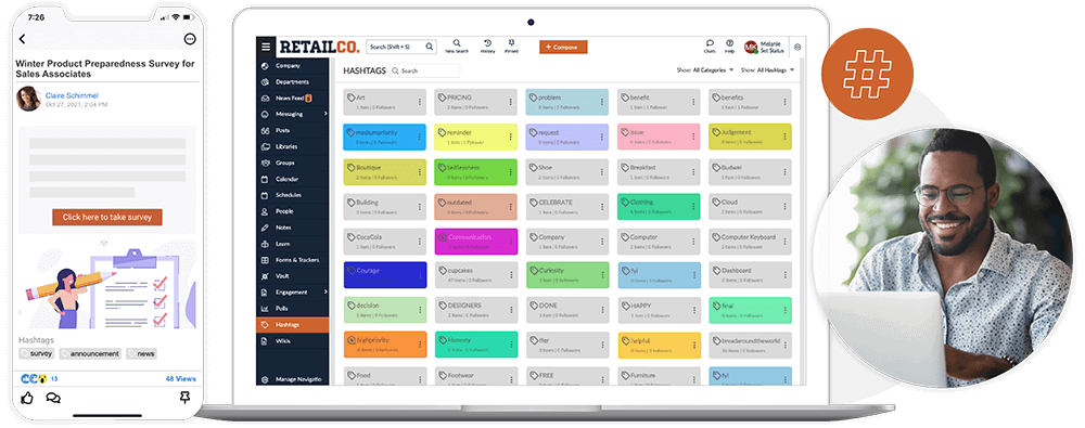 Smartphone showing a winter product survey and a laptop screen displaying a colorful hashtag management dashboard, with a smiling man working on a laptop beside them.