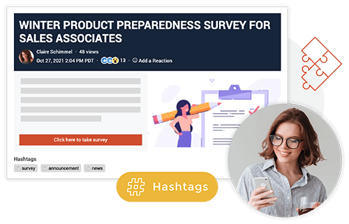 Digital graphic showing a winter product preparedness survey for sales associates with a woman holding a large pencil next to a clipboard, a photo of a woman with glasses using a mobile phone, and hashtag labels for survey, announcement, and news.