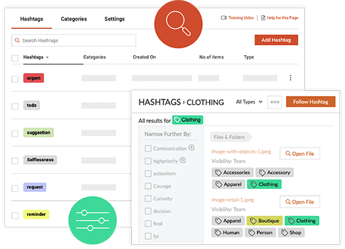 User interface showing hashtag management with categories like urgent, todo, suggestion, selflessness, request, and reminder, alongside a search and filter panel for hashtags related to clothing.