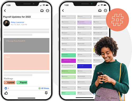 Two smartphone screens showing a payroll updates app with hashtags and a woman smiling while using her phone next to a large hashtag symbol.