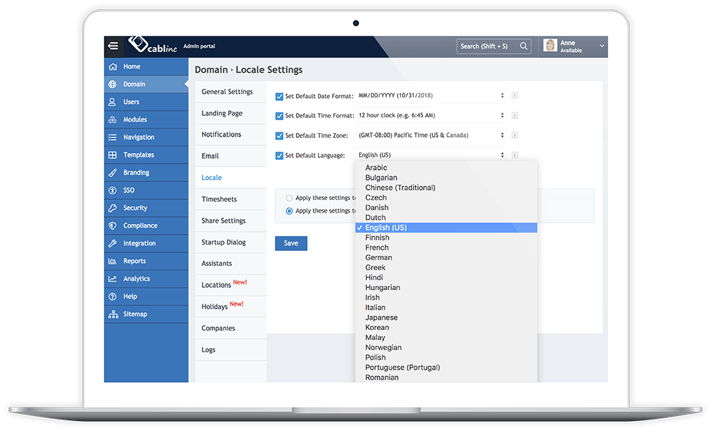 Laptop displaying Cabinc admin portal with Locale Settings open, showing options for date format, time format, time zone, and a dropdown menu for selecting default language.