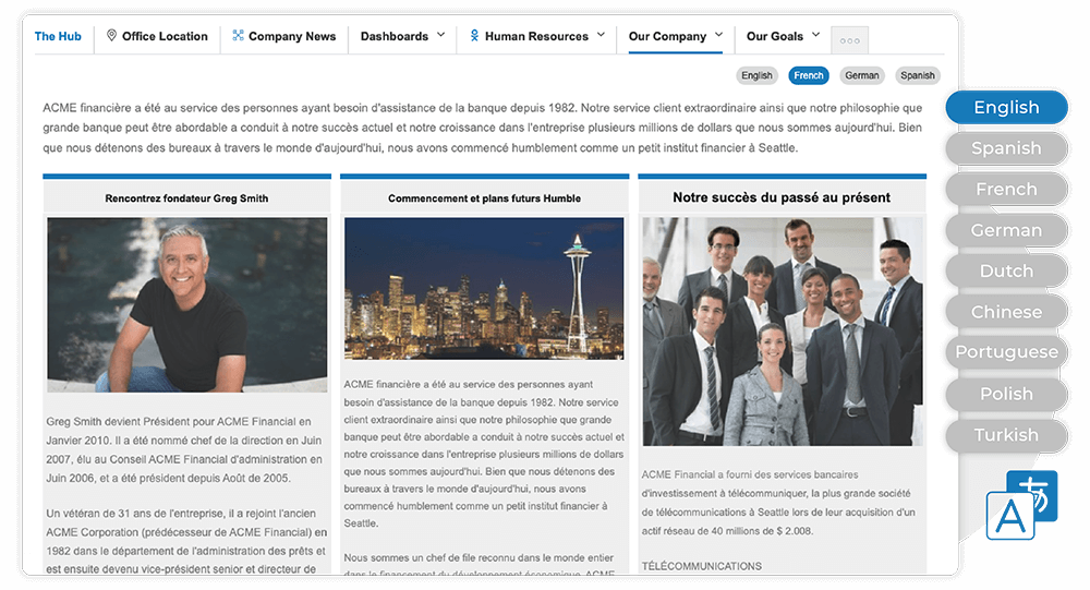 Webpage interface showing a company overview in French with a photo of a man seated on the left, a city skyline with the Space Needle in the center, and a group of business people smiling on the right, alongside language selection options including English, Spanish, French, German, Dutch, Chinese, Portuguese, Polish, Turkish, and accessibility icons.