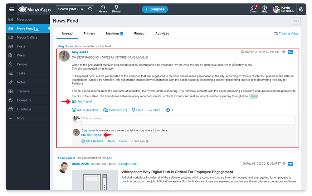 MangoApps news feed screen displaying a post by Amy Jones about immersive history sound experience with comments and interaction options.