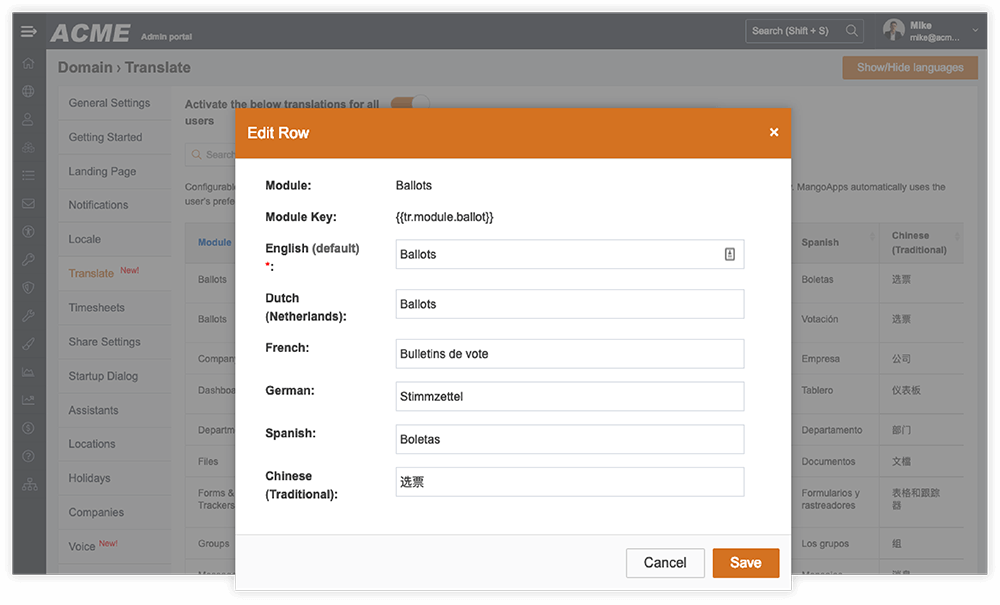 Edit Row dialog box in admin portal showing translations for the word 'Ballots' in English, Dutch, French, German, Spanish, and Chinese.