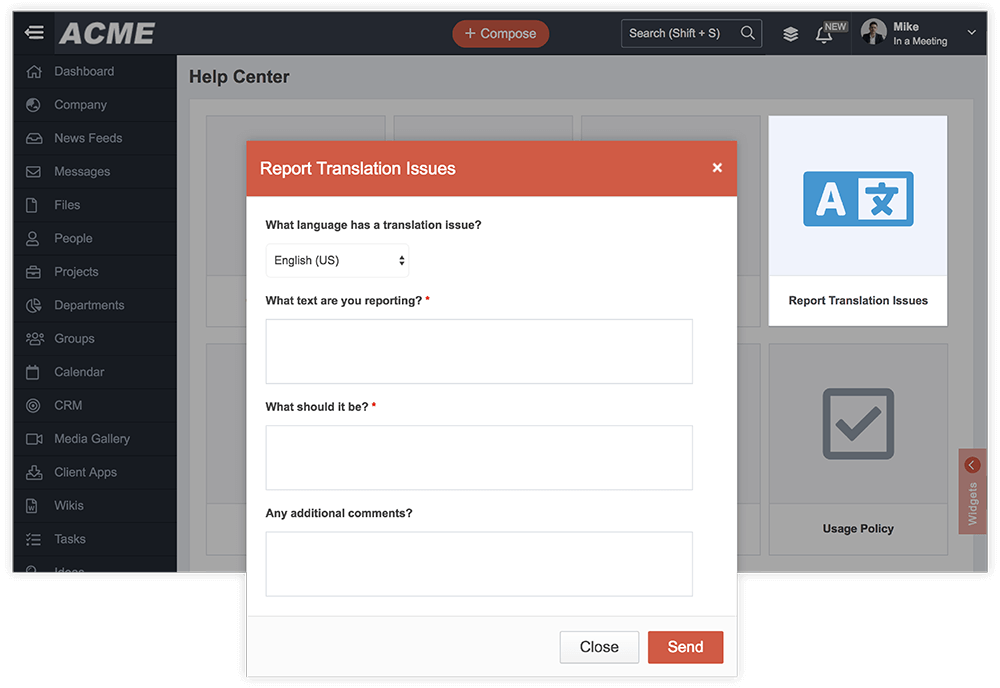 Help Center interface showing a pop-up form titled 'Report Translation Issues' with fields for selecting language, reporting text, correction, and additional comments, alongside buttons to Close or Send.