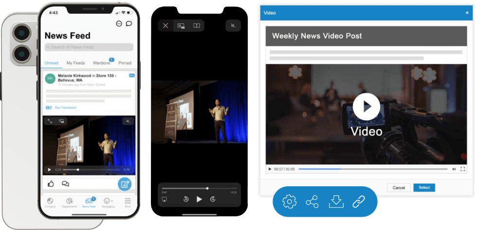 Composite image showing a smartphone with a news feed and video post, a video player with a man presenting on stage, and a video upload interface with a play button on a camera view.