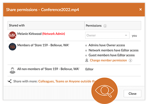 Share permissions window for Conference2022.mp4 showing users and groups with roles: Melanie Kirkwood as Owner, Members of 'Store 159 - Bellevue, WA' with Admin and Editor access, and non-members as Editors.
