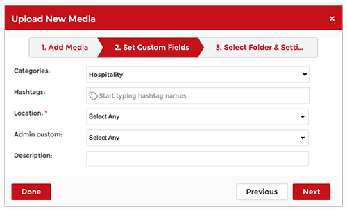 Upload New Media interface showing step 2 'Set Custom Fields' with dropdowns for Categories, Location, Admin custom, and text fields for Hashtags and Description.