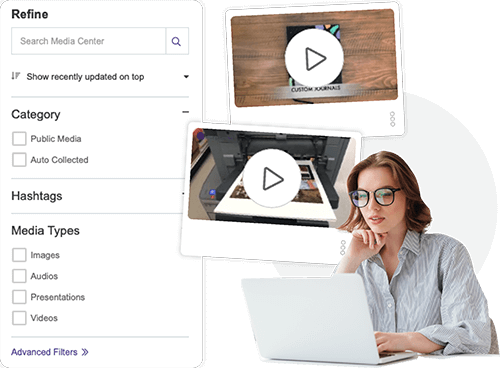 Woman with glasses working on a laptop next to a media search filter panel and two video thumbnails with play buttons.