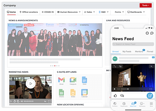 Company intranet homepage with navigation bar, news announcements featuring a group photo, marketing news video, G Suite app links, and a mobile news feed displaying a video of a speaker on stage.