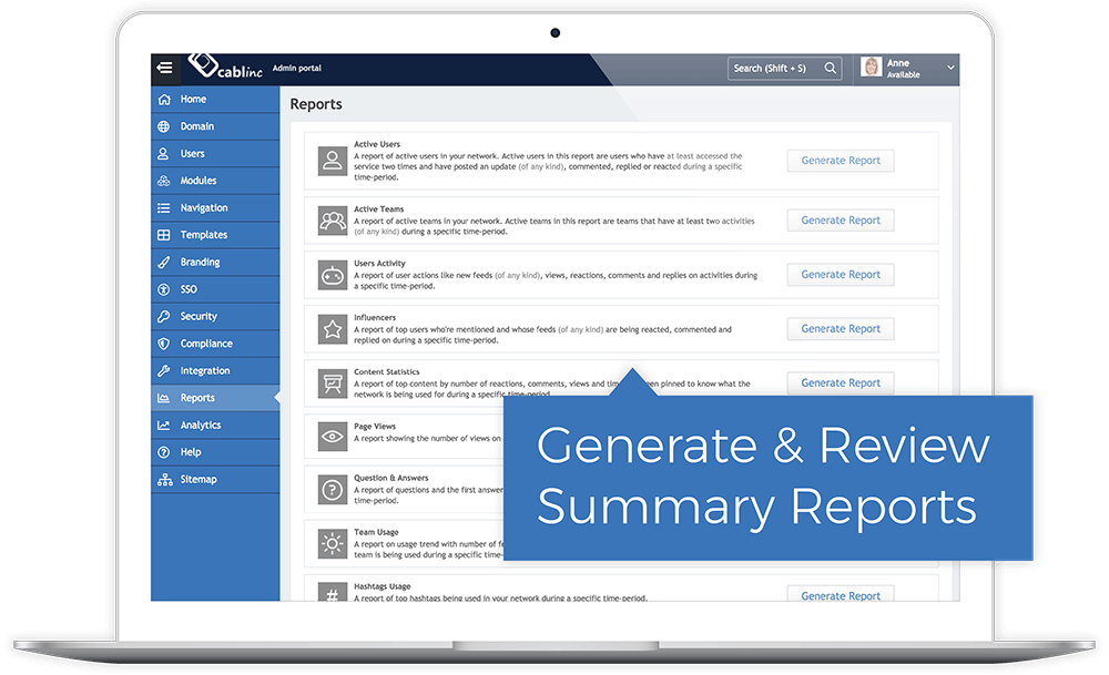 Laptop screen displaying an admin portal with a sidebar menu and a Reports section listing options like Active Users, Active Teams, and Content Statistics with Generate Report buttons. A blue label reads 'Generate & Review Summary Reports.'