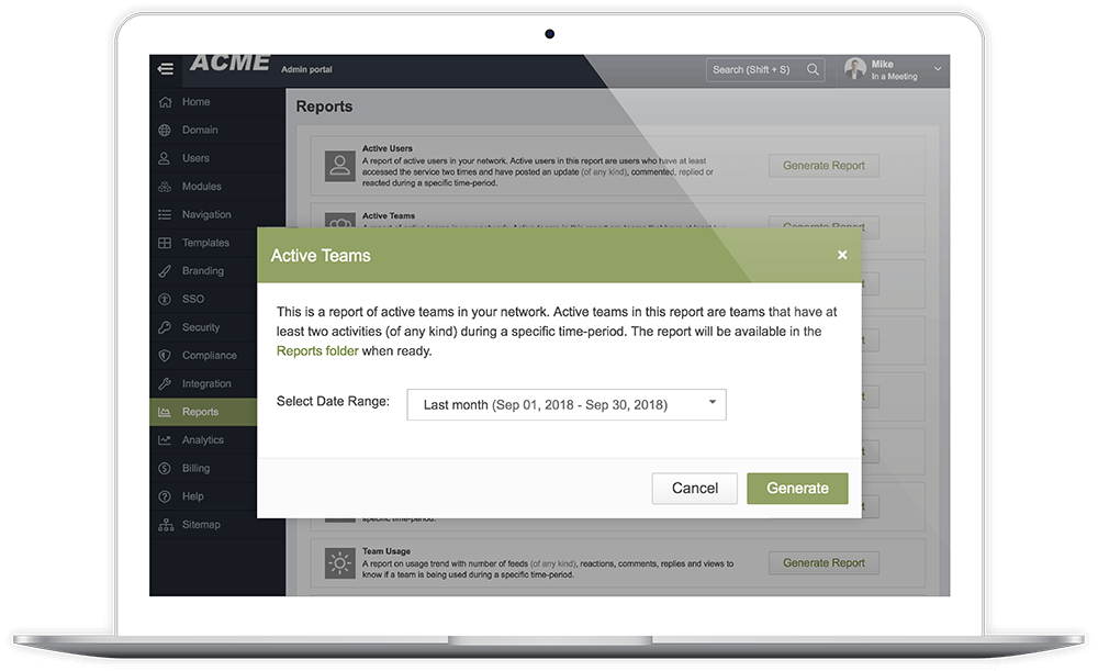 Laptop screen showing ACME admin portal with an Active Teams report dialog describing the report and options to select date range, cancel, or generate the report.