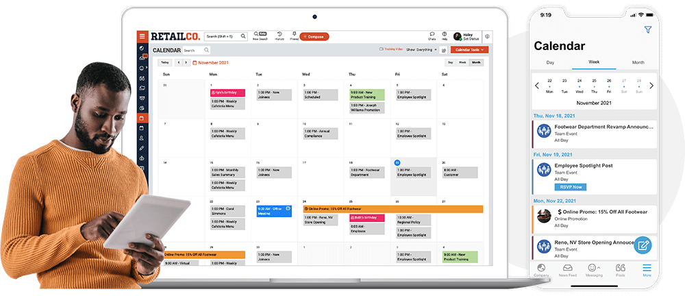 Man in an orange sweater using a tablet next to a laptop and smartphone displaying calendar scheduling and event management apps.