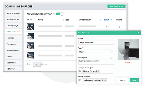 Resource management interface showing a list of resources with options to edit, including fields for name, type, description, assigned manager, and office location.