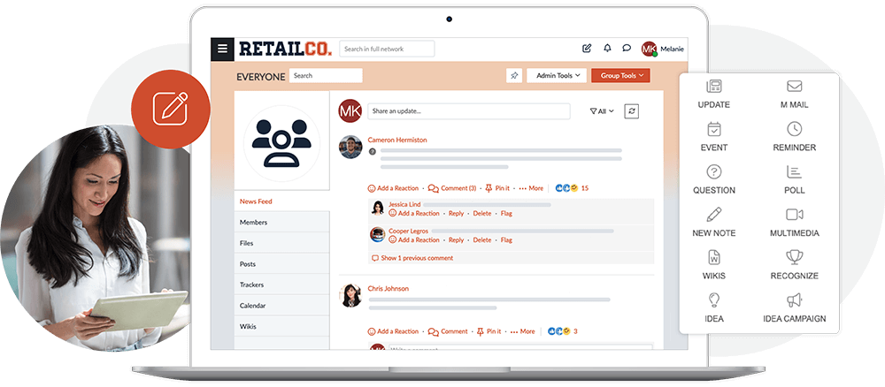 Woman using a tablet next to a laptop screen showing a RetailCo social network dashboard with options to share updates, add reactions, comments, and various post creation tools.