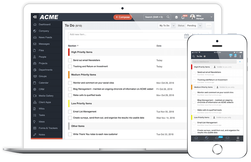 Laptop and smartphone displaying ACME task management app with categorized to-do items by priority.