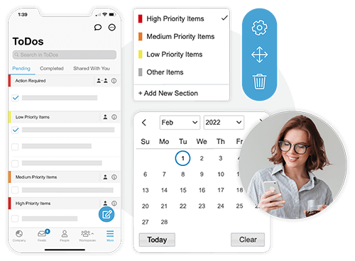 Mobile to-do list app interface showing categorized tasks by priority, calendar widget with date selector, and a circular photo of a woman looking at her phone.
