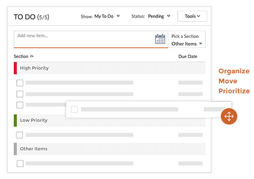 Digital to-do list with sections for High Priority, Low Priority, and Other Items, showing pending tasks with options to organize, move, and prioritize.