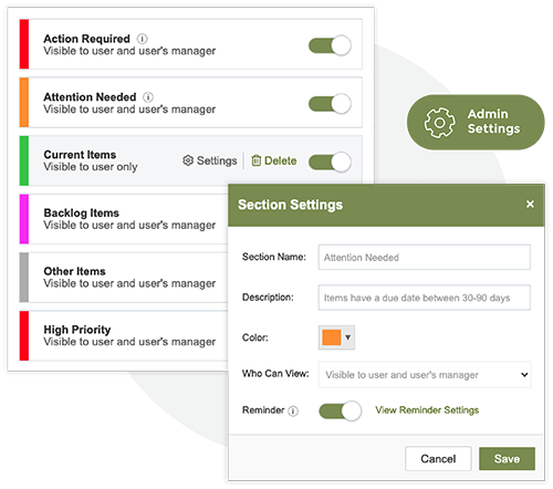 User interface displaying customizable to-do list sections with toggle switches for visibility and priority, plus an open section settings panel for editing name, description, color, permission, and reminders.