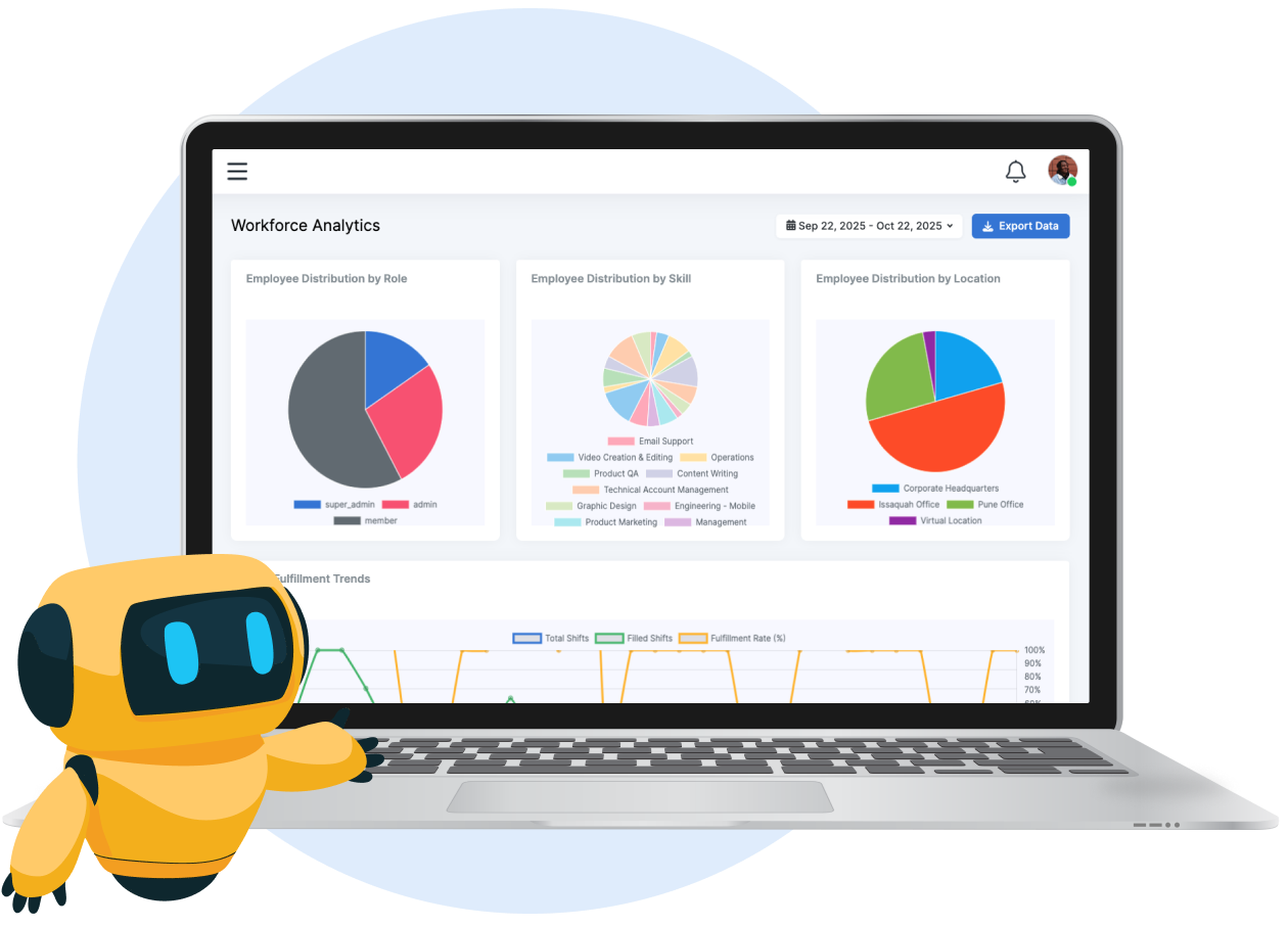 Illustration of a laptop displaying workforce analytics with pie charts for employee distribution by role, skill, and location, accompanied by a small yellow robot pointing at the screen.