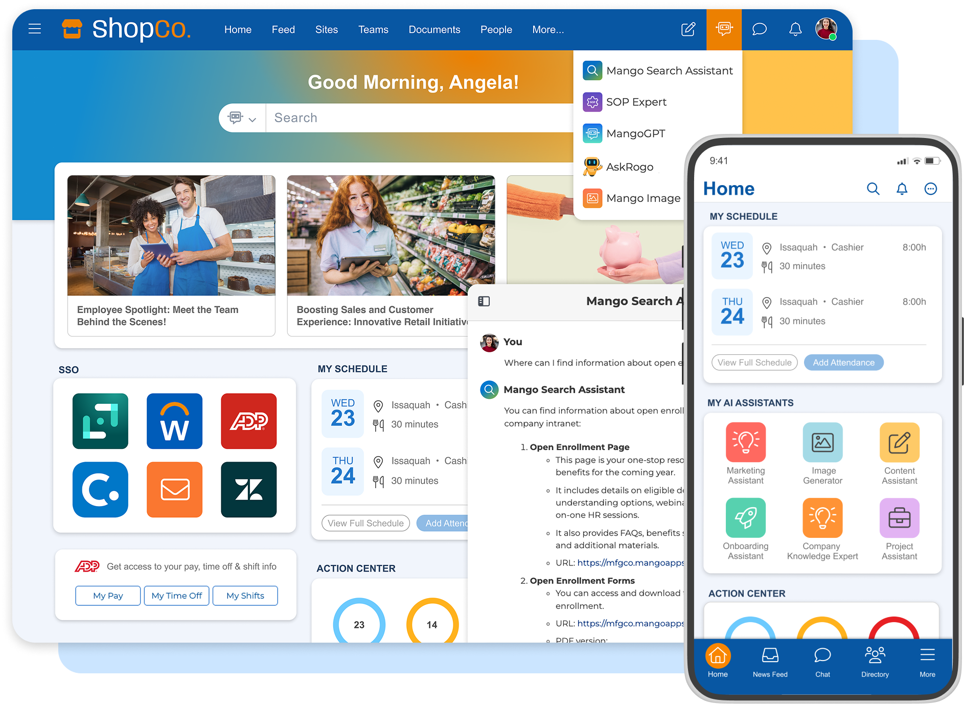 ShopCo employee portal dashboard showing sections for search assistant, schedule, AI assistants, action center, and single sign-on apps on desktop and mobile.