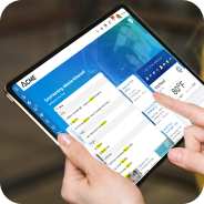 Hands holding a tablet displaying a blue app interface with search results and a product card showing a 95% rating.