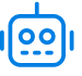 Blue line icon of a robot head with circular eyes, mouth, and antenna.