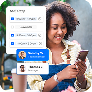 Smiling woman holding a phone with overlaid shift swap schedule and employee profile cards.