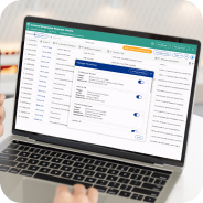 Laptop screen showing automated approval workflow interface with a list of items and a pop-up detail window for a selected entry.