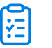 Blue clipboard icon with a checklist featuring three checkmarks and lines representing text.