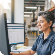 Woman smiling while working on a computer in a modern office environment.