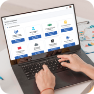 Person using a laptop displaying a software dashboard with various integration options.