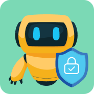 Yellow robot with a black screen for a face holding a blue shield with a white padlock symbol.