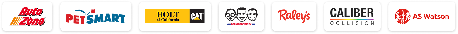 Logos of AutoZone, PetSmart, Holt of California CAT, Pep Boys, Raley's, Caliber Collision, and AS Watson in a row.
