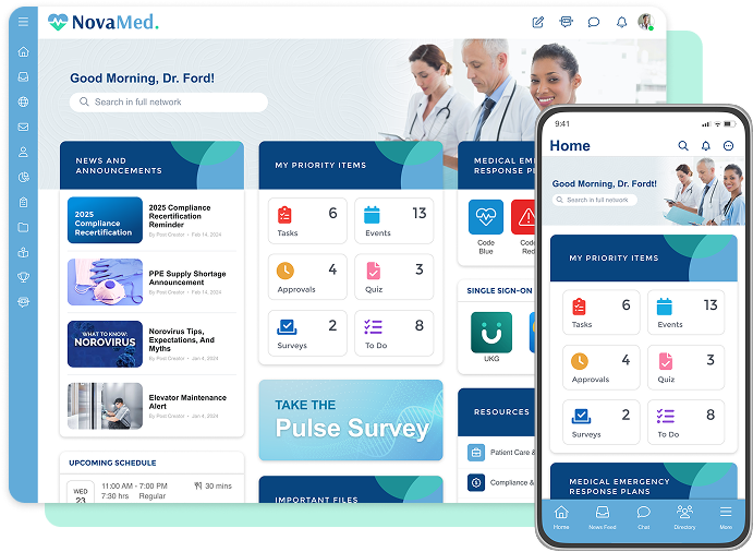 NovaMed healthcare dashboard showing news, priority tasks, medical emergency plans, schedule, and resources on desktop and mobile screens.