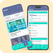 Two smartphones displaying a learning app with course listings and a home dashboard featuring training progress and navigation icons.