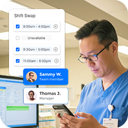 Healthcare worker in blue scrubs and glasses using a mobile phone, with a digital shift swap interface showing shift times and team member names overlayed.
