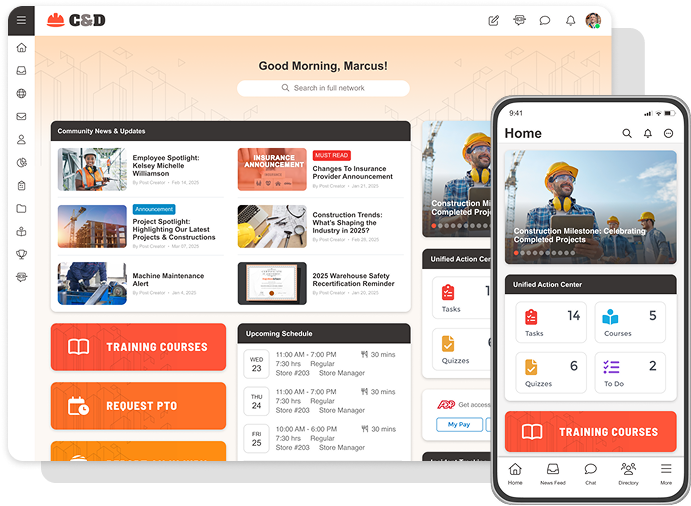 Dashboard and mobile interface for employee training and communication showing announcements, schedules, tasks, and unified action center.