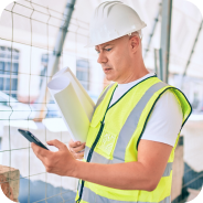 Construction worker in a white hard hat and yellow safety vest looking at a smartphone while holding rolled blueprints on a building site.