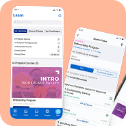 Mobile app interface showing a workplace safety learning dashboard with course progress and certification status.