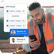 Man in orange safety vest looking at his phone with shift swap schedule overlay for Sammy W. and Thomas J.