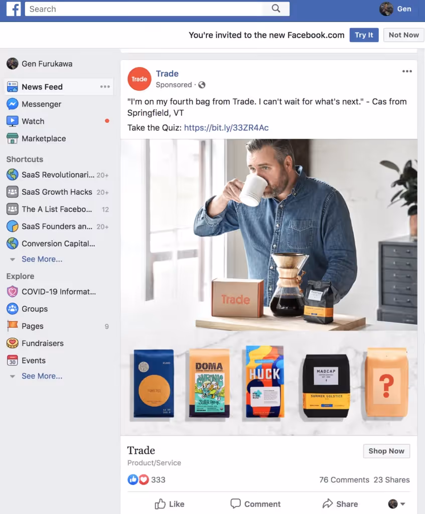 Trade Coffee's ad to their eCommerce quiz landing page