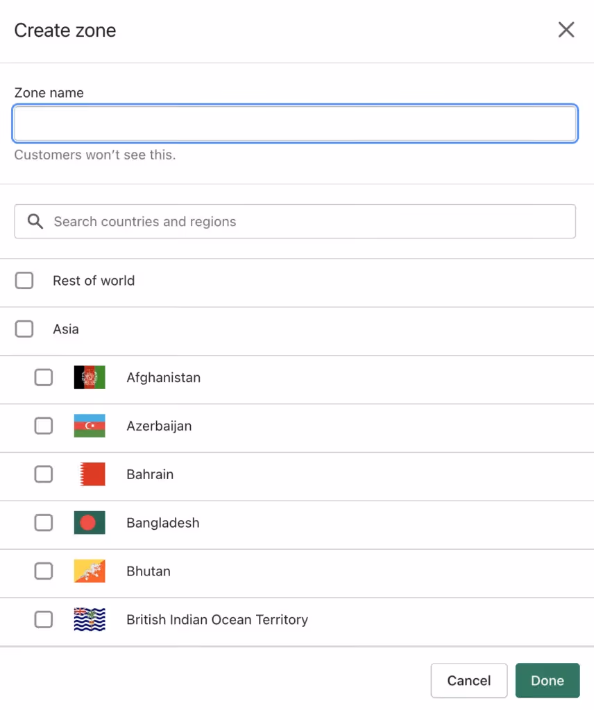 Screenshot of Menu in Shopify to create shipping zone