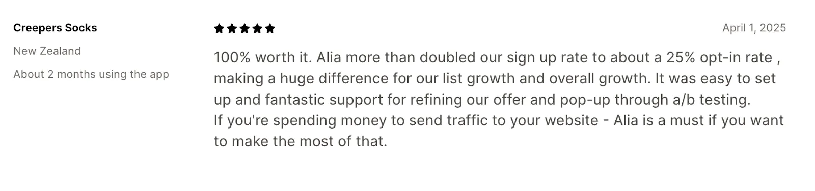 alia popups review on Shopify App Store