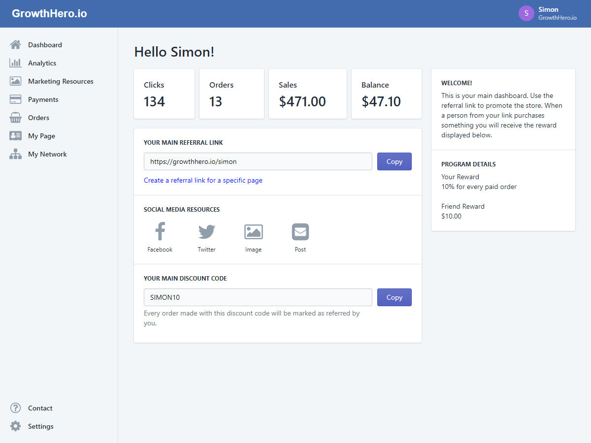 GrowthHero affiliate dashboard